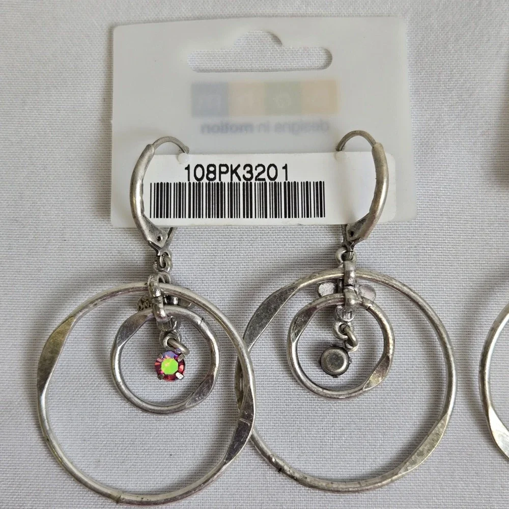2 Pair Bohm Dangle/Drop Hoop Earrings, Silver‎ Tone, New